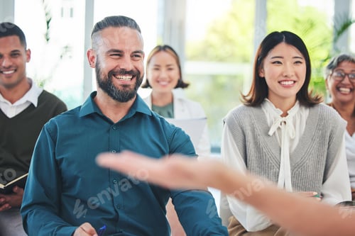 Preview: Hand, presentation and happy business people in a meeting in the crowd of a seminar for a mentor. S