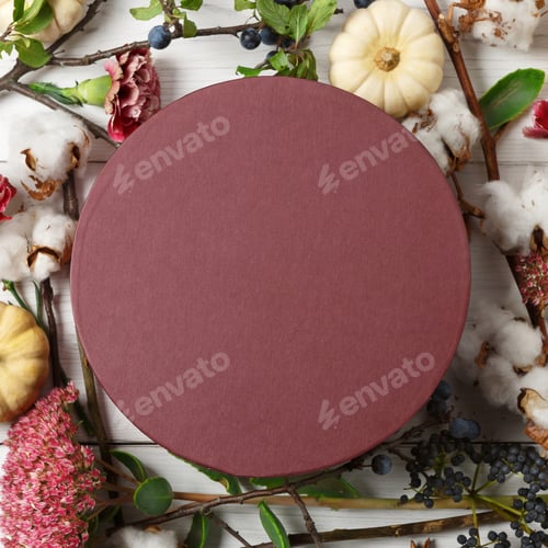 Preview: Autumn dried flowers composition with present box on white wood