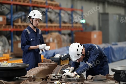 Preview: Two Technicians or Engineers Checking and maintaining Machine Equipment of train in station.