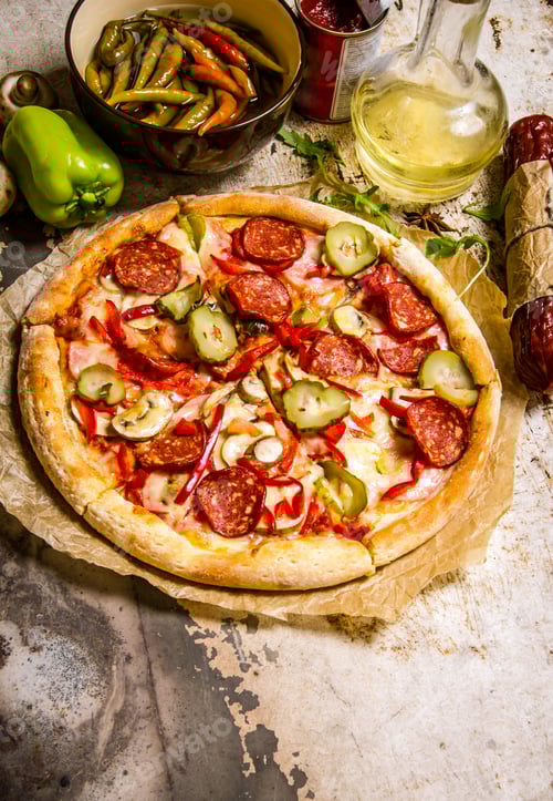 Preview: Tasty pizza with pepperoni and tomato sauce.