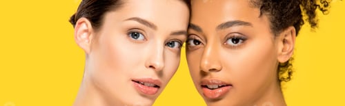 Preview: panoramic shot of multiethnic women with perfect skin, isolated on yellow