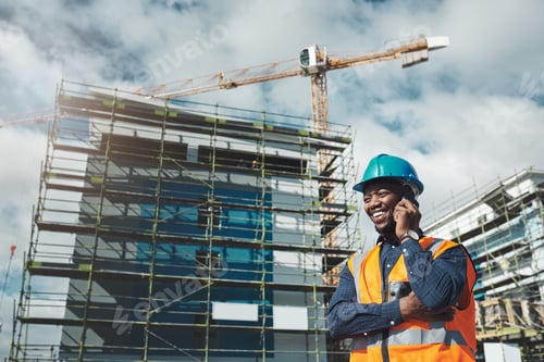 Preview: Shot of a young man using a smartphone while working at a construction site