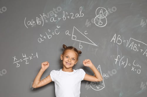 Preview: Little school child and mathematical formulas on grey background