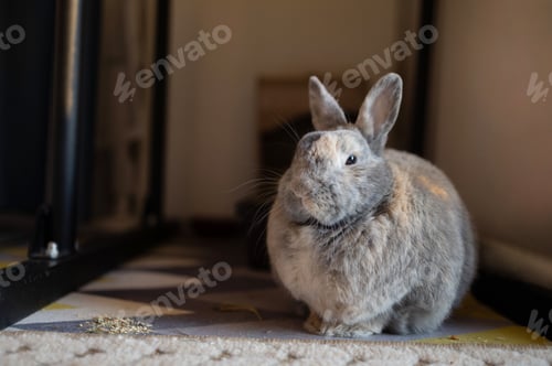 Preview: Close-up of cute little bunny, rabbit relaxing, lying on floor