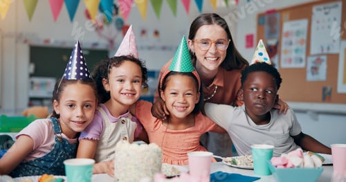 Preview: Birthday, portrait and children with teacher in classroom for group party with cake, hats and decor