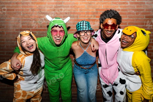 Preview: Multiethnic group of young friends having fun on the stretts in the night