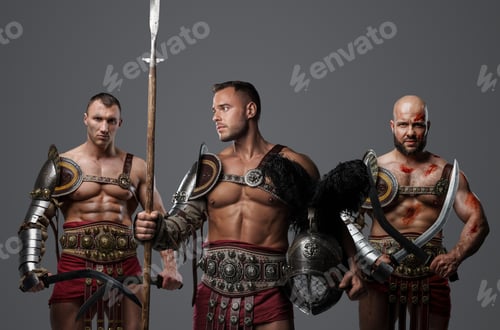 Preview: Warriors gladiators with swords and spear against gray background