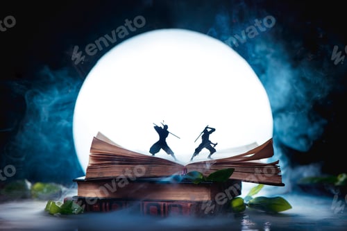 Preview: An open book with two ninja warrior silhouettes fighting in full Moon. Reader imagination and