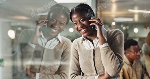 Preview: Woman, phone call and smile by window, office and chat at night with reflection, contact or network