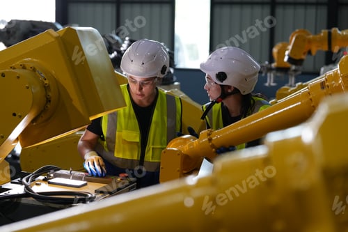 Preview: Robotics engineer working on maintenance of robotic arm in factory warehouse. Business technology.