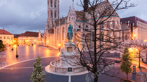Preview: Catholic Matthias Church and Statue of Saint Stephen on Fishermans Bastion in Budapest, Hungary on