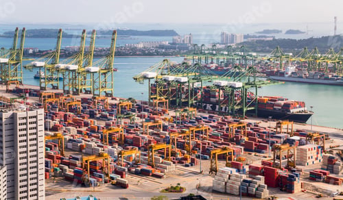 Preview: Elevated view of container terminal, cranes and container ship, Singapore, South East Asia
