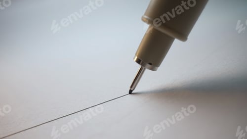 Preview: Macro Close-Up Of Fineliner Pen Drawing Straight Line On White Paper, Ink Flow