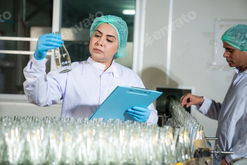 Preview: Woman worker quality control a fruit drink factory in glass.