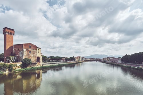 Preview: Old industrial tower on waterfront of Arno river, Pisa, Tuscany, Italy