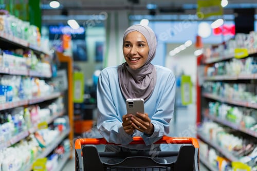 Preview: Shopping. A young beautiful Muslim woman in a hijab walks and chooses between the shelves with