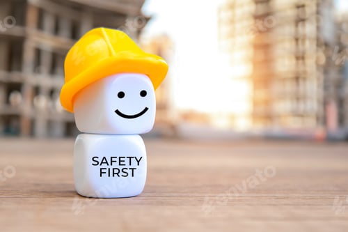 Preview: White cubes with hard hat and text SAFETY FIRST.