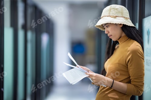 Preview: Young women read presentation information To prepare for a job interview