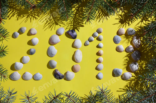 Preview: New Year. Christmas Card Made Of Seashells. Creative Greeting Card For Holiday With Fir Branches