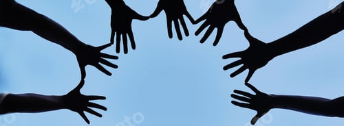 Preview: Hands, silhouette and sky with people in solidarity on space outdoor from below for support or unit