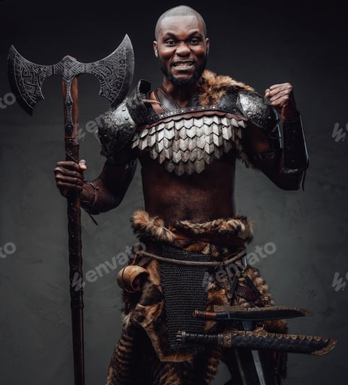 Preview: Rabid african warrior in steel armor and fur wielding an axe in studio