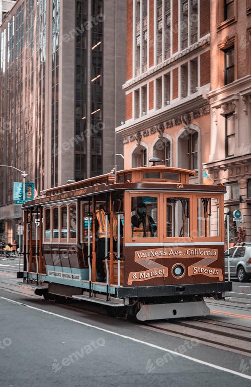 Preview: A trolley car is on a street in San Francisco