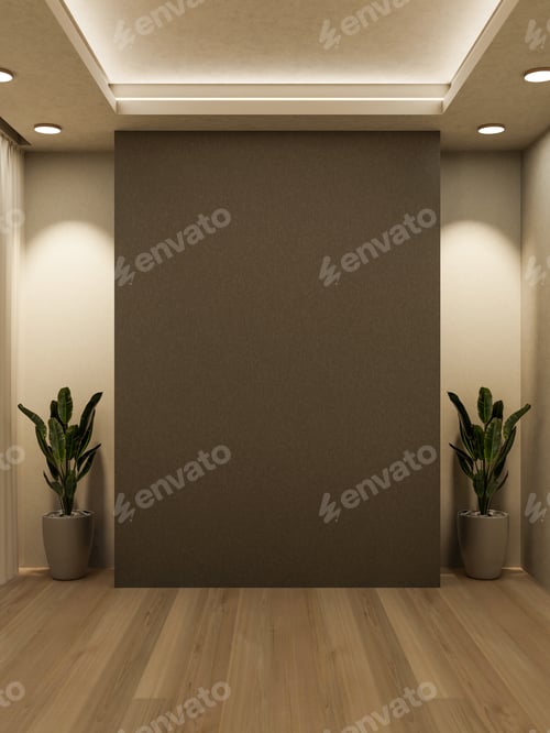 Preview: Empty dark color wall and potted plant on wooden parquet floor under lamp light on recessed ceiling.