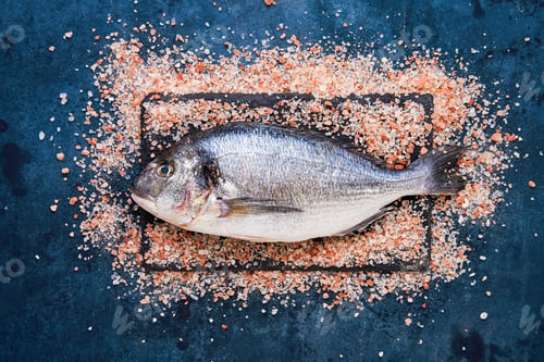 Preview: Raw dorado fish on a pink salt backgrouns. Mediterranean seafood concept. Top view, copy space