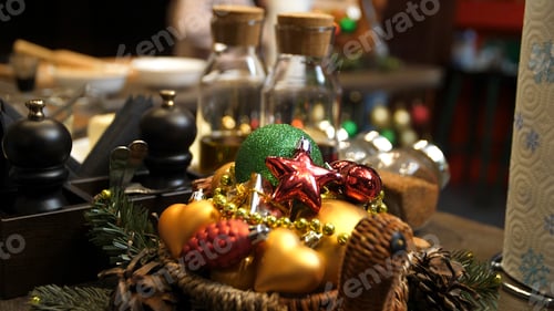 Preview: Christmas table setting on wooden, top view. Holidays background. Kitchen wooden table with
