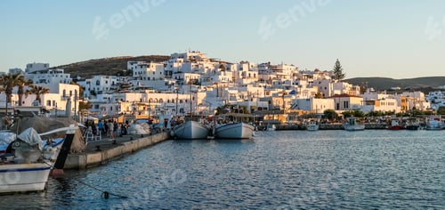 Preview: old port in Paros at sunset. Greece
