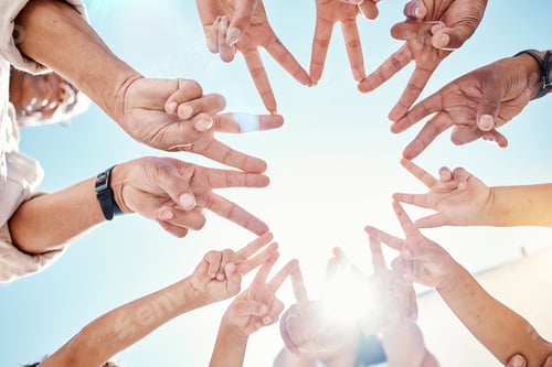 Preview: Closeup, hands and star with mockup, teamwork and partnership for solidarity, sunshine and growth.