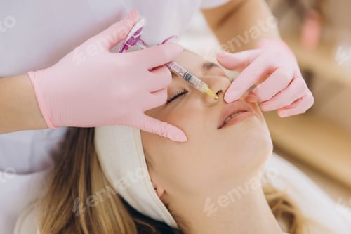 Preview: Cosmetologist performing botox injection into nasolabial folds of a young woman lying on a stretcher
