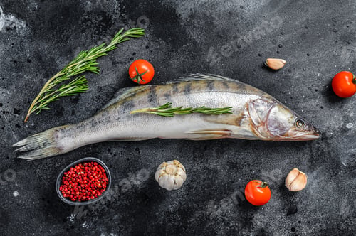 Preview: Raw zander, walleye fish with herbs. Black background. Top view