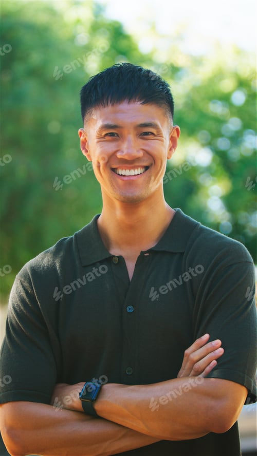 Preview: Young Man Smiling Confidently With Arms Crossed in Lush Green Outdoor Setting
