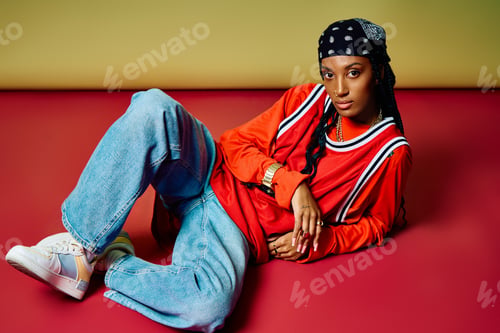 Preview: Young woman in stylish streetwear relaxes gracefully, exuding confidence amid bold colors.