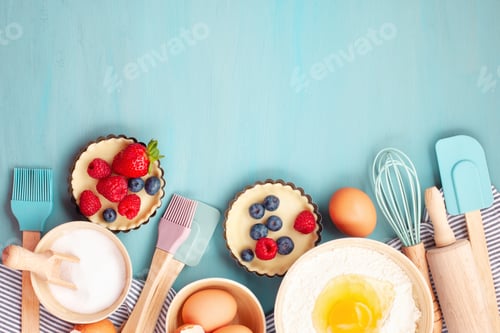 Preview: Baking utensils and cooking ingredients for tarts, cookies, dough and pastry
