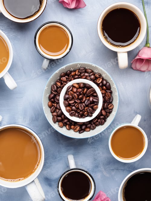 Preview: Cups and mugs of coffee and flowers