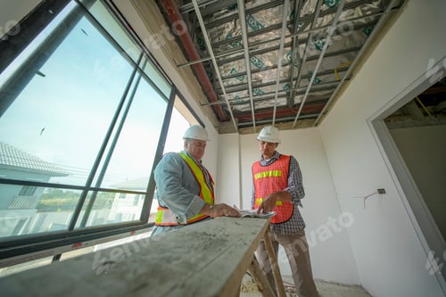 Preview: Construction workers collaborate on a project inside a new building during the day