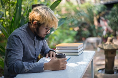 Preview: Young hipster beard man drinking coffee while reading books in home garden with nature.
