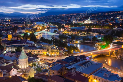 Preview: Scenic Top View Of Tbilisi Georgia In Evening Lights Illuminatio