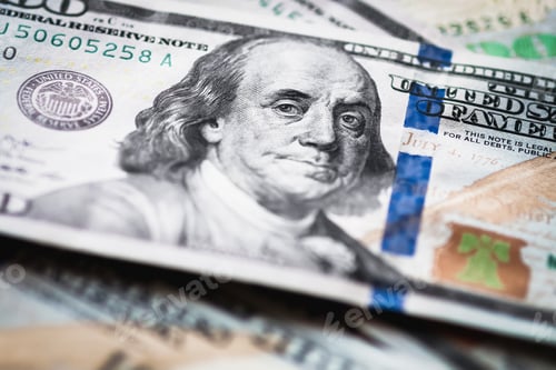 Preview: dollar bills pile, hundred dollar banknotes with Franklin closeup
