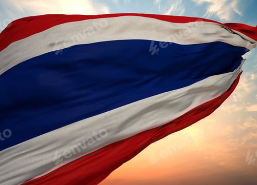 Preview: Flag of Thailand waving in the wind with sunset sky background, close-up