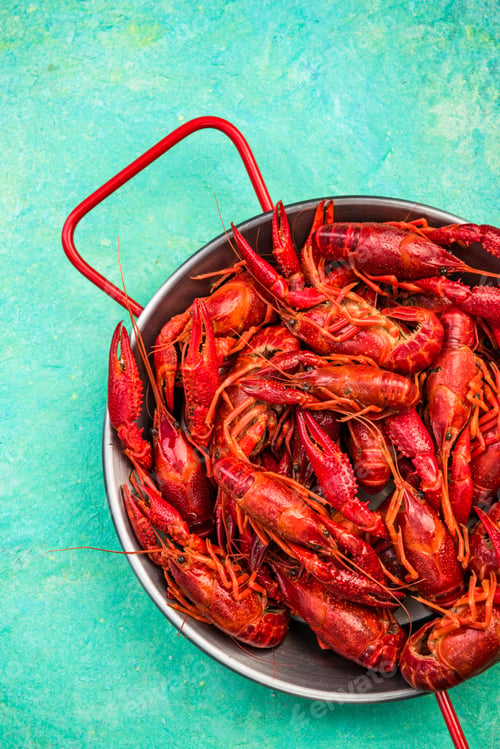 Preview: Red Crayfish or Lobster, Fresh with Ice on Soucepan