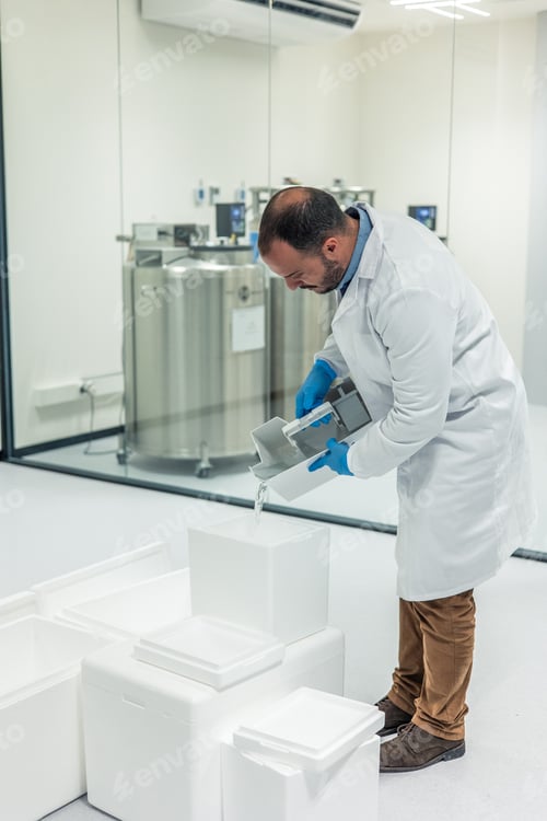 Preview: Scientist pouring liquid nitrogen in styrofoam boxes inside laboratory