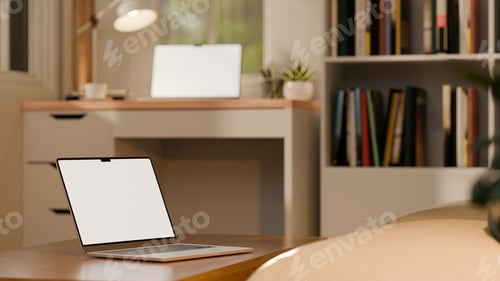 Preview: Realistic 3D rendering of modern home workspace with laptop on a wooden desk
