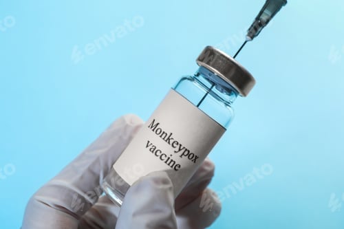 Preview: Nurse filling syringe with monkeypox vaccine from vial on light blue background, closeup