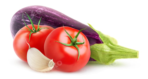 Preview: Isolated eggplant, tomato and garlic