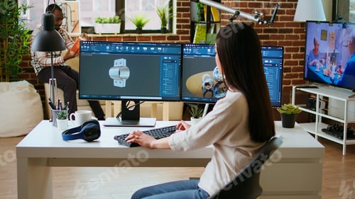 Preview: Professional industrial designer working with CAD software on dual monitors