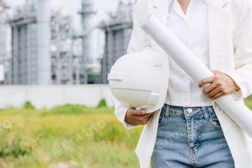 Preview: Professional Engineer Female Working Standing Against Oil Gas Refinery Industry