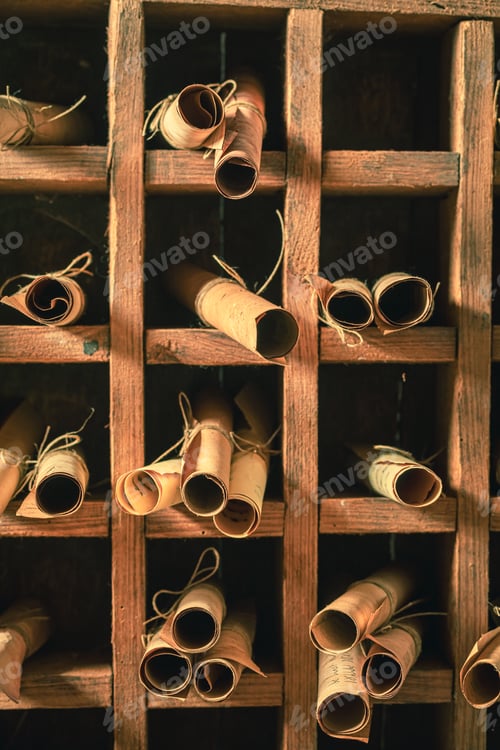 Preview: Closeup of enchanted library with scrolls in wooden box